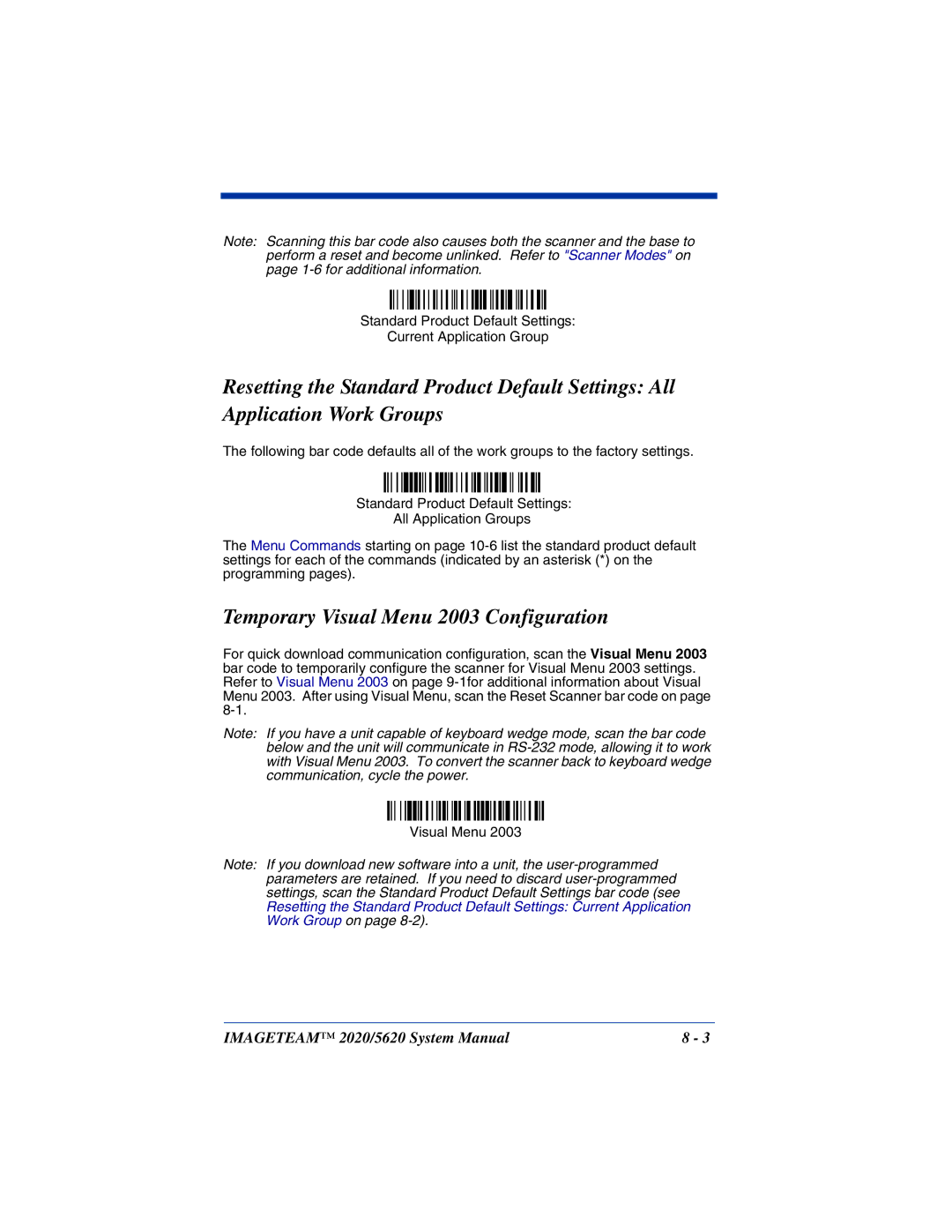 Hand Held Products 5620 system manual Temporary Visual Menu 2003 Configuration 