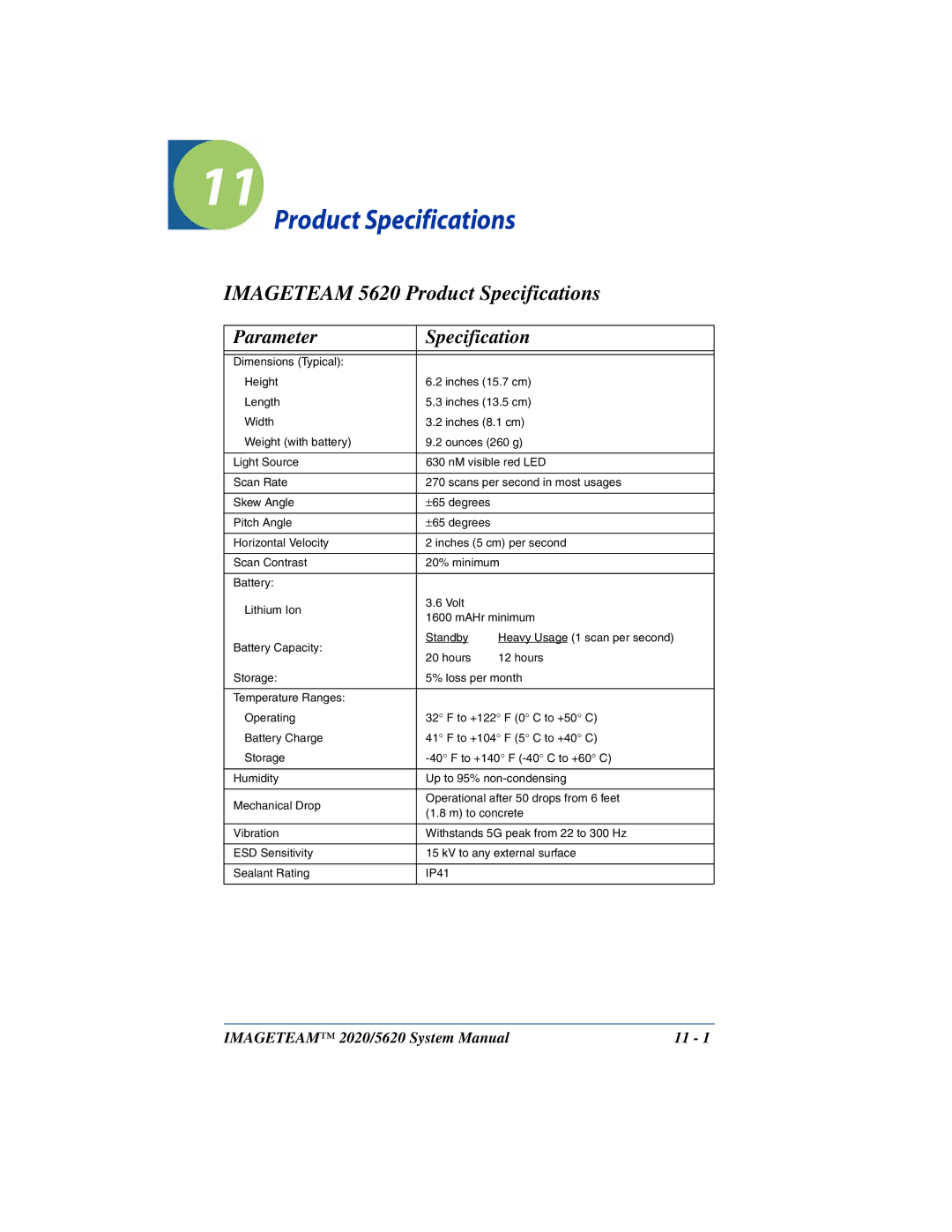 Hand Held Products system manual Imageteam 5620 Product Specifications, Parameter Specification 