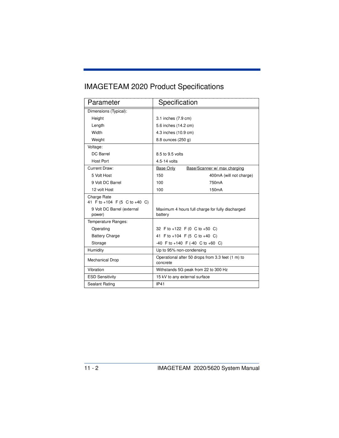 Hand Held Products 5620 system manual Imageteam 2020 Product Specifications 