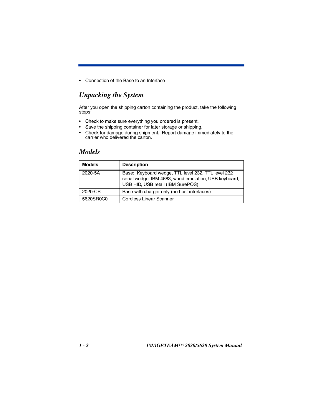 Hand Held Products 5620 system manual Unpacking the System, Models Description 