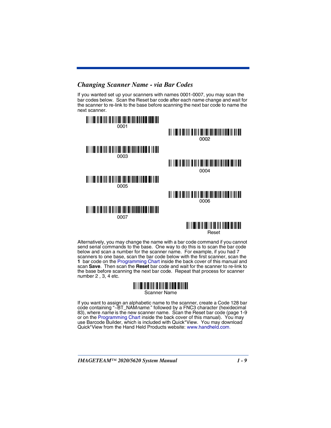 Hand Held Products 5620 system manual Changing Scanner Name via Bar Codes, 0002 