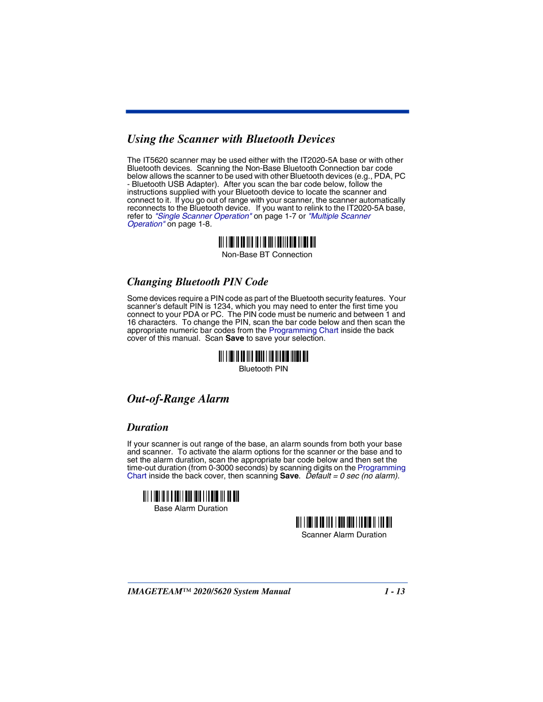 Hand Held Products 5620 Using the Scanner with Bluetooth Devices, Out-of-Range Alarm, Changing Bluetooth PIN Code 