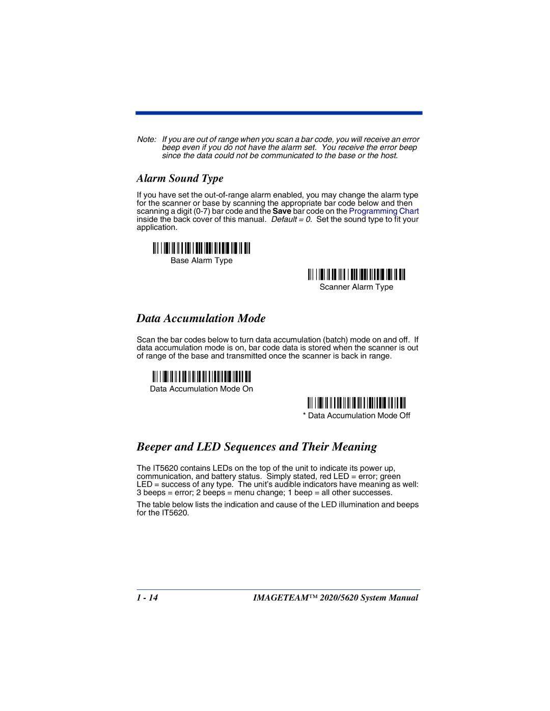 Hand Held Products 5620 system manual Data Accumulation Mode, Beeper and LED Sequences and Their Meaning, Alarm Sound Type 