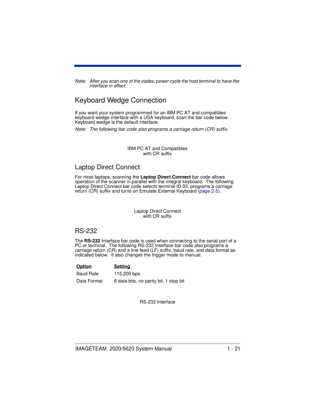 Hand Held Products 5620 system manual Keyboard Wedge Connection, Laptop Direct Connect, RS-232, Option Setting 