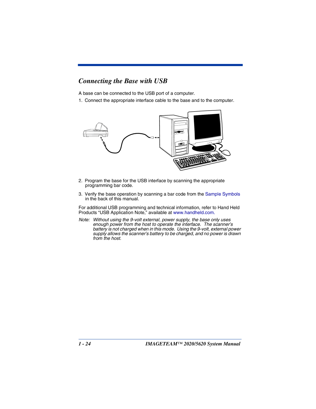 Hand Held Products 5620 system manual Connecting the Base with USB 