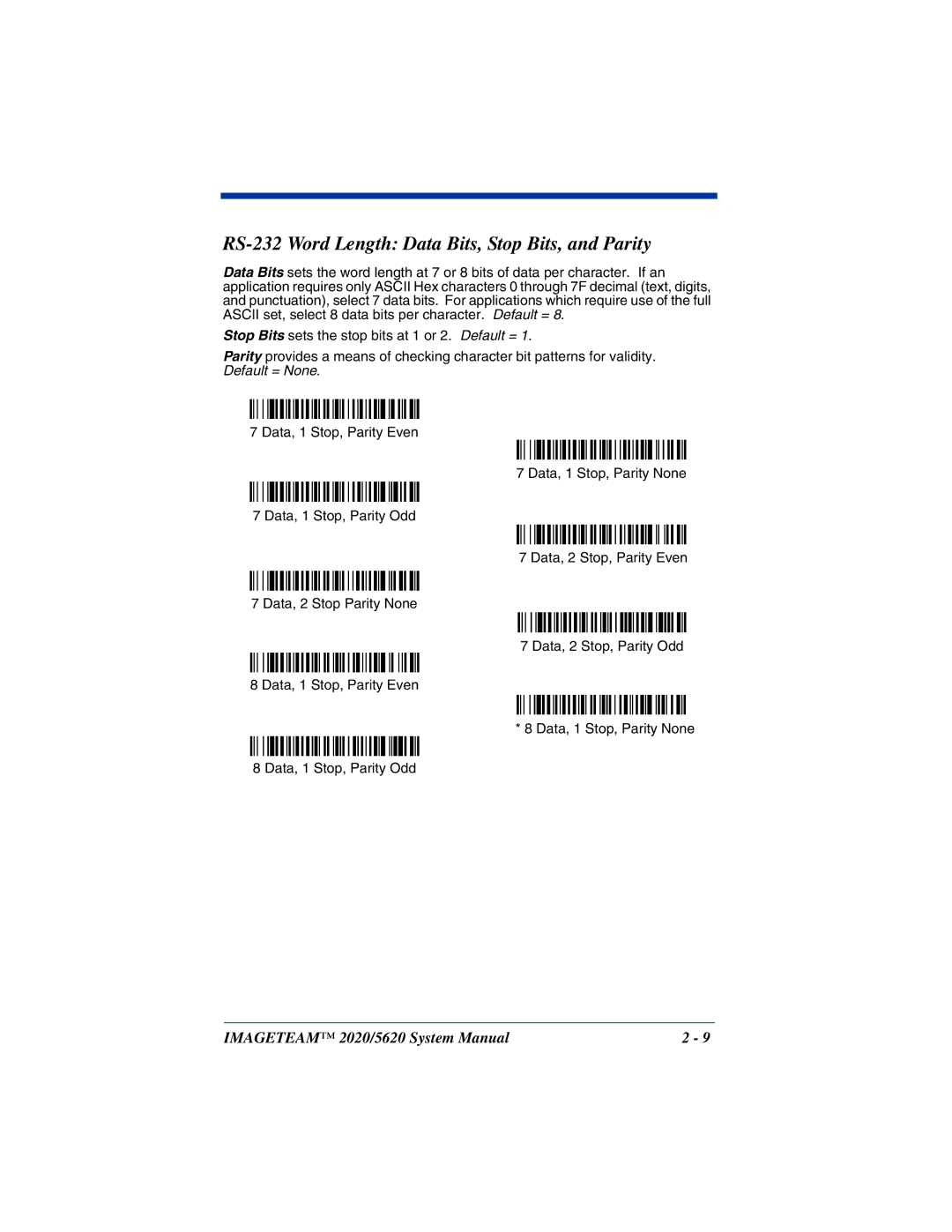 Hand Held Products 5620 system manual RS-232 Word Length Data Bits, Stop Bits, and Parity 