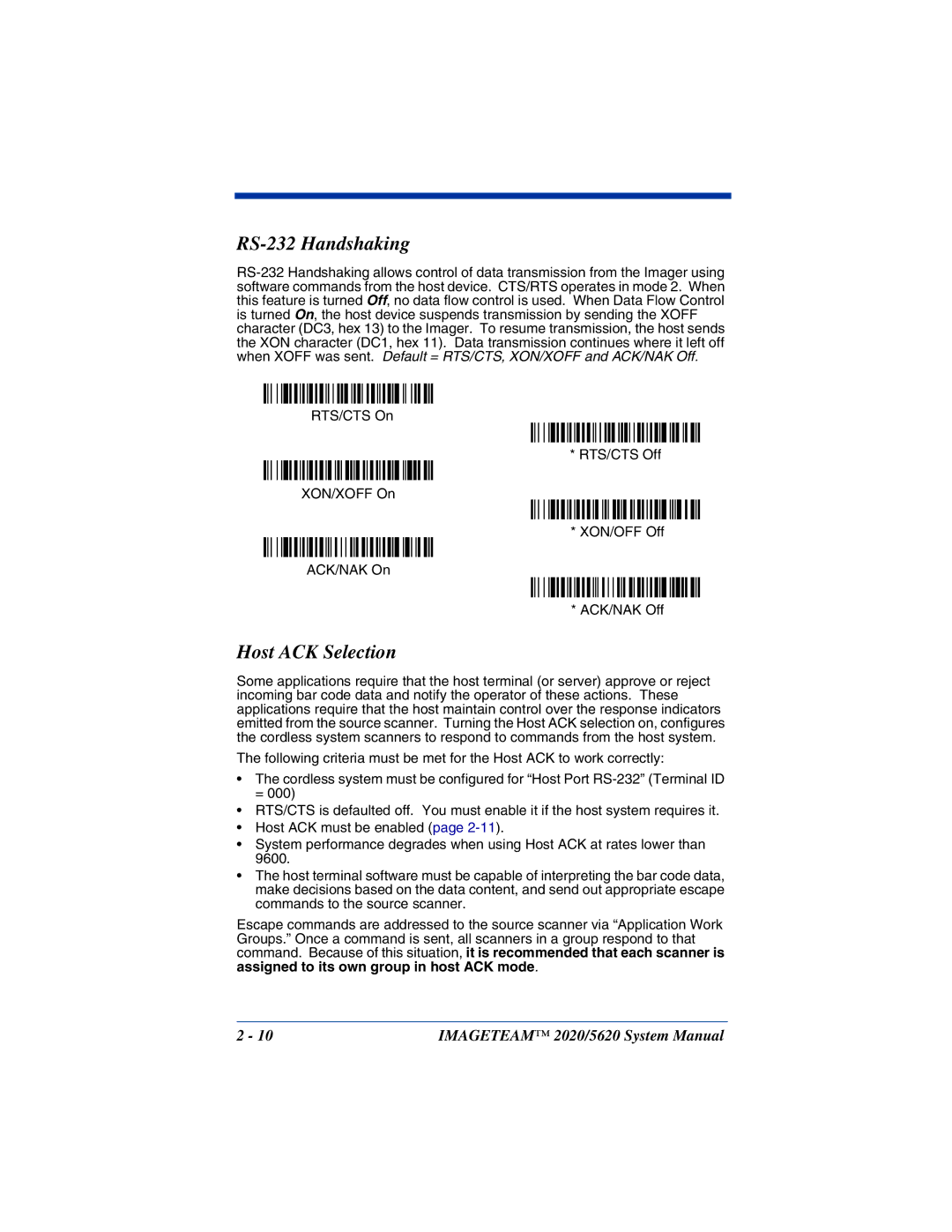 Hand Held Products 5620 system manual RS-232 Handshaking, Host ACK Selection 