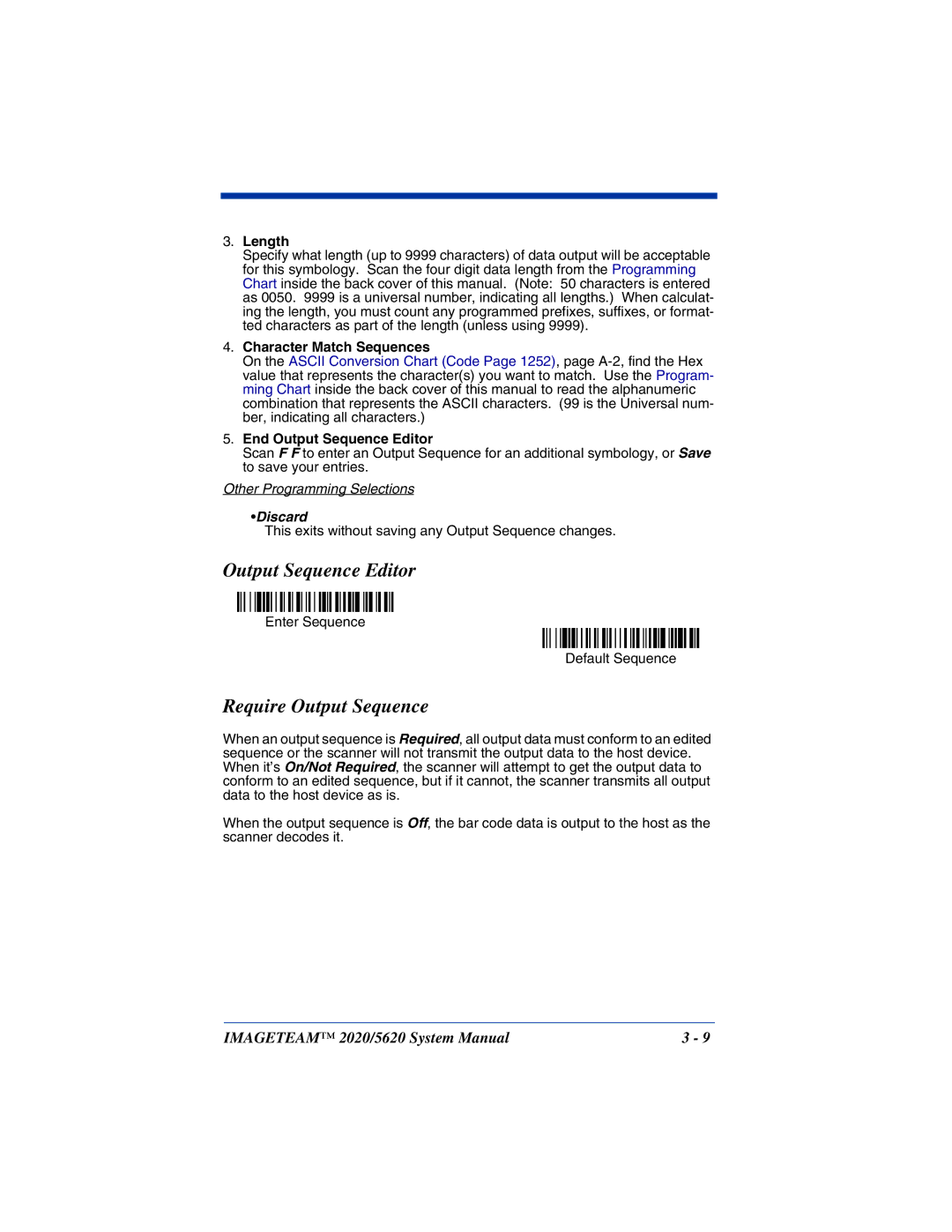 Hand Held Products 5620 system manual Output Sequence Editor, Require Output Sequence, Length, Character Match Sequences 