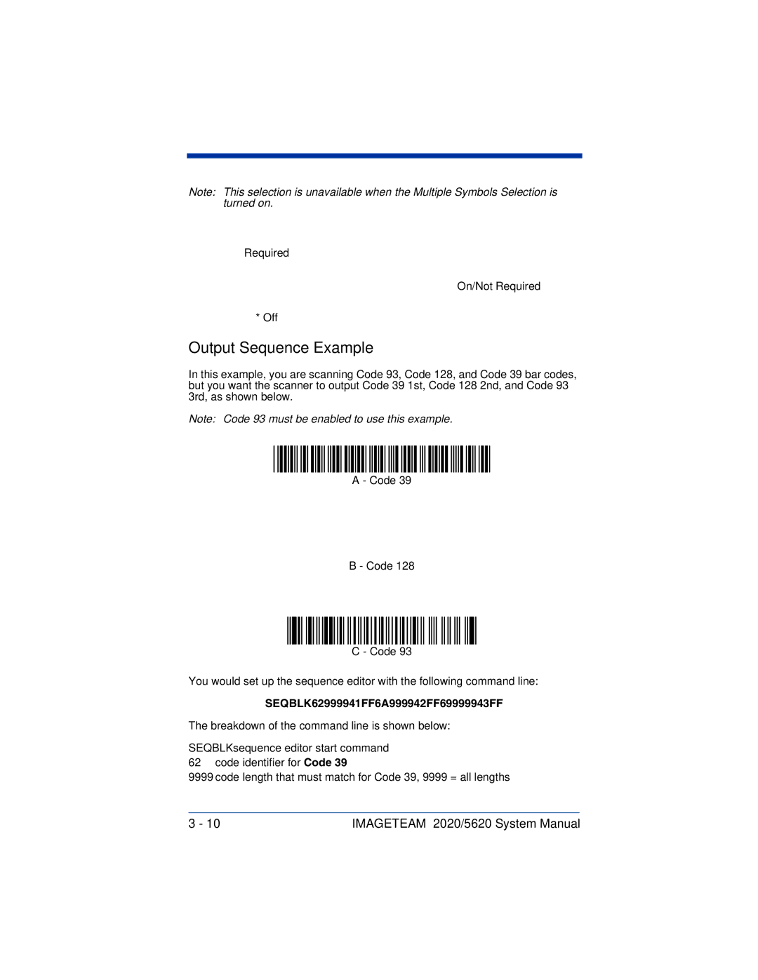 Hand Held Products 5620 system manual Output Sequence Example, SEQBLK62999941FF6A999942FF69999943FF 