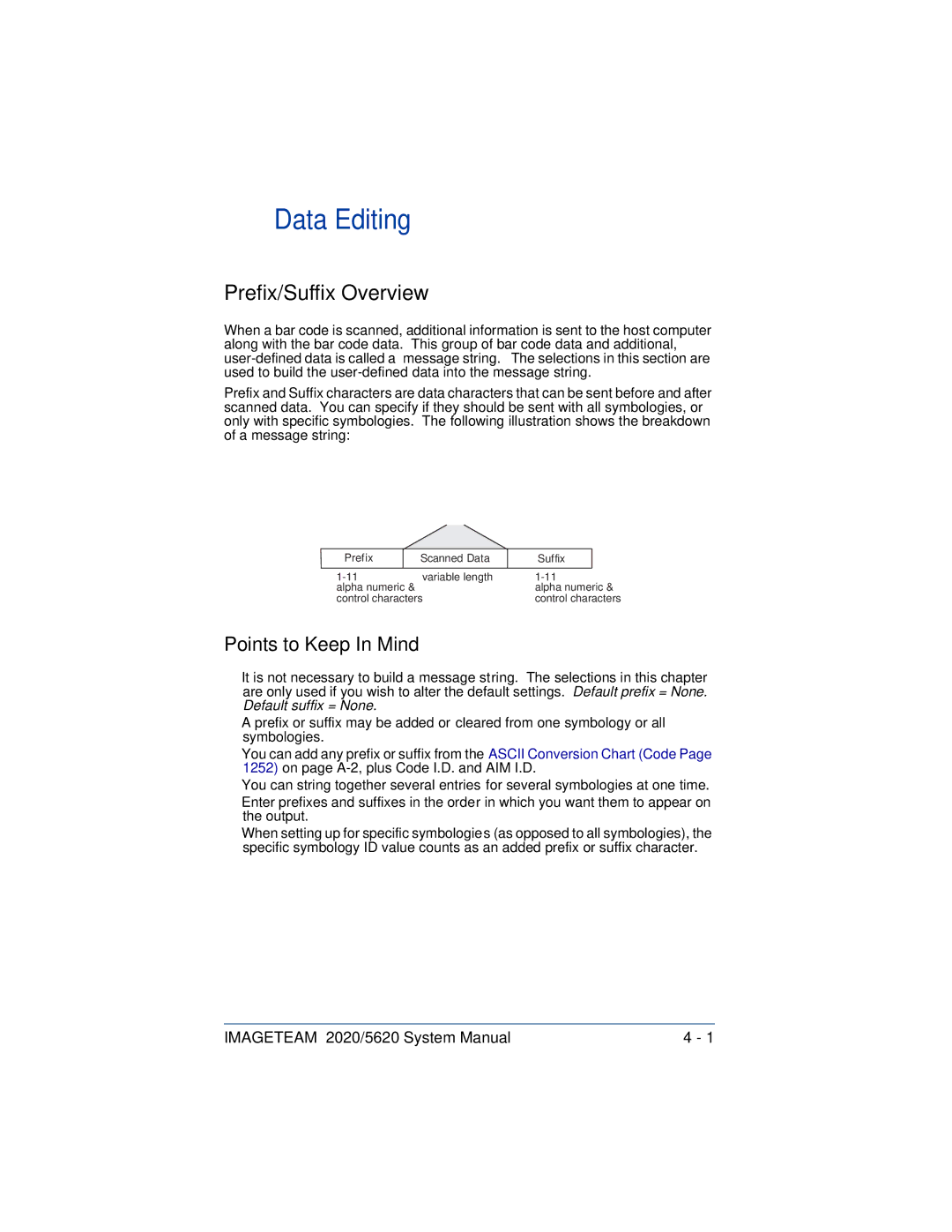 Hand Held Products 5620 system manual Data Editing, Prefix/Suffix Overview, Points to Keep In Mind 