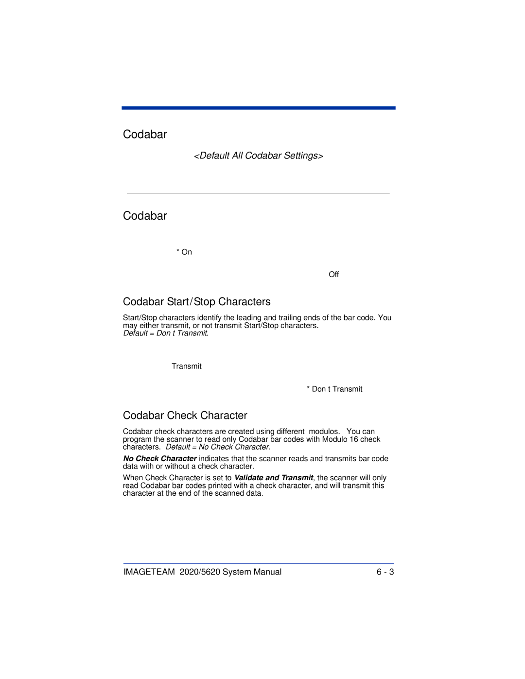 Hand Held Products 5620 system manual Codabar Start/Stop Characters, Codabar Check Character 