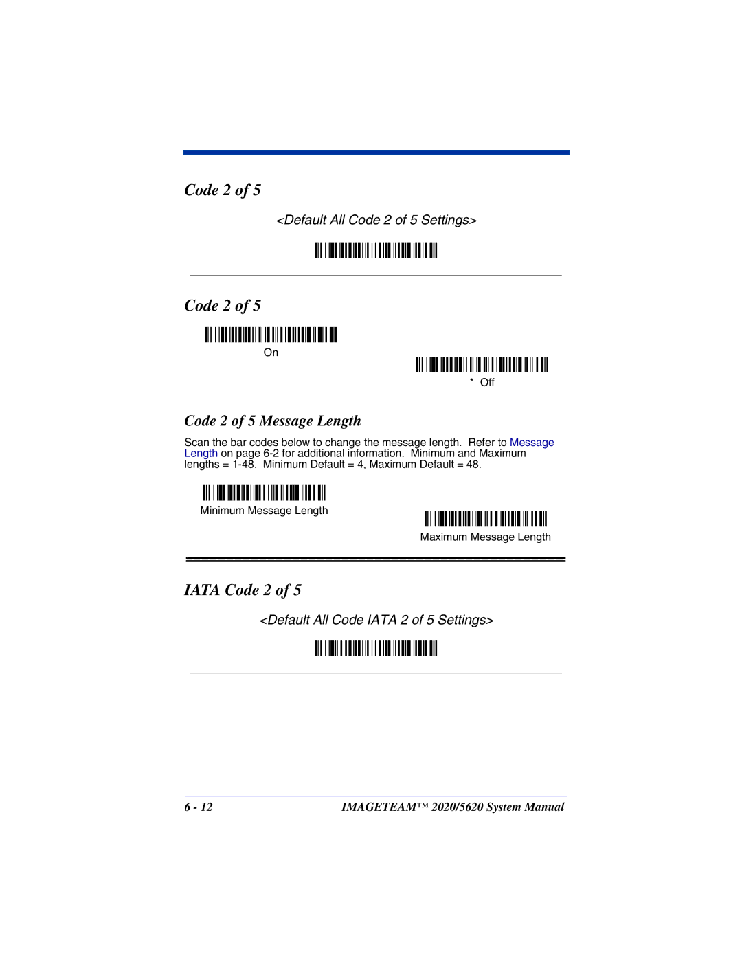 Hand Held Products 5620 system manual Iata Code 2, Code 2 of 5 Message Length 