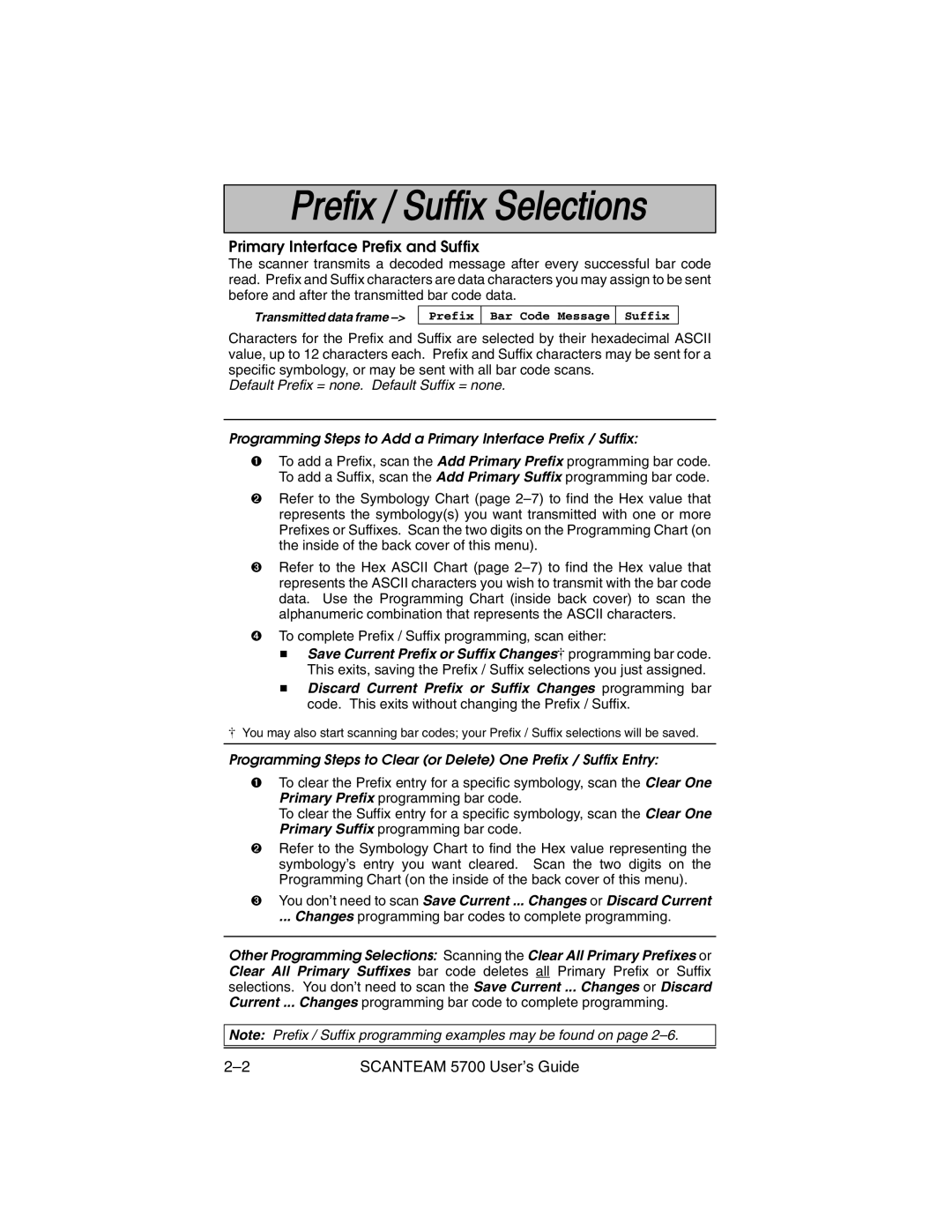 Hand Held Products 5700 manual Primary Interface Prefix and Suffix 