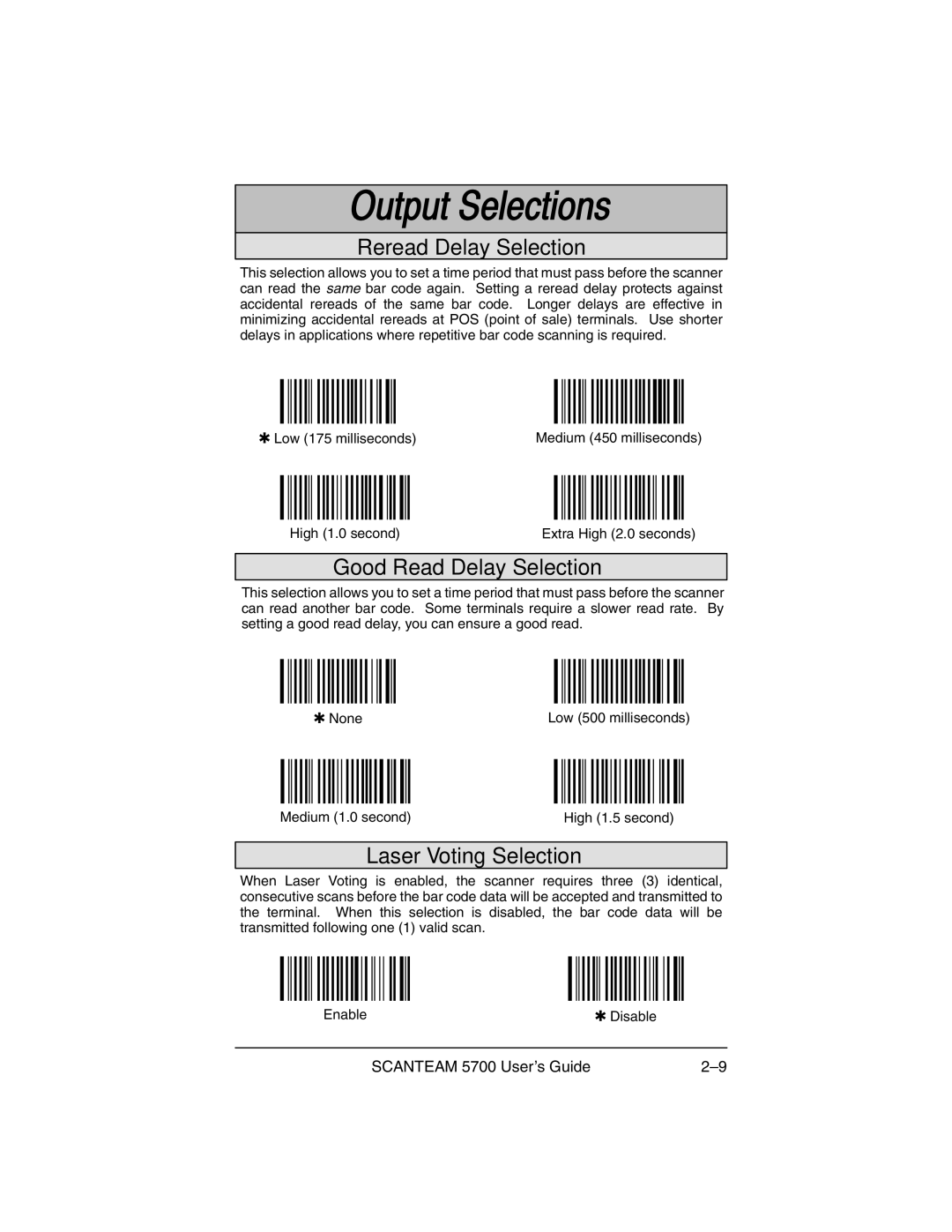 Hand Held Products 5700 manual Reread Delay Selection, Good Read Delay Selection, Laser Voting Selection 