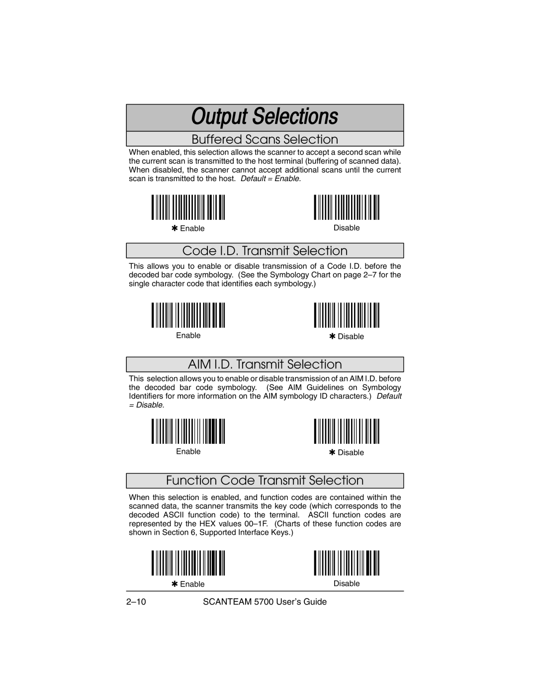 Hand Held Products 5700 manual Buffered Scans Selection, Code I.D. Transmit Selection, AIM I.D. Transmit Selection 