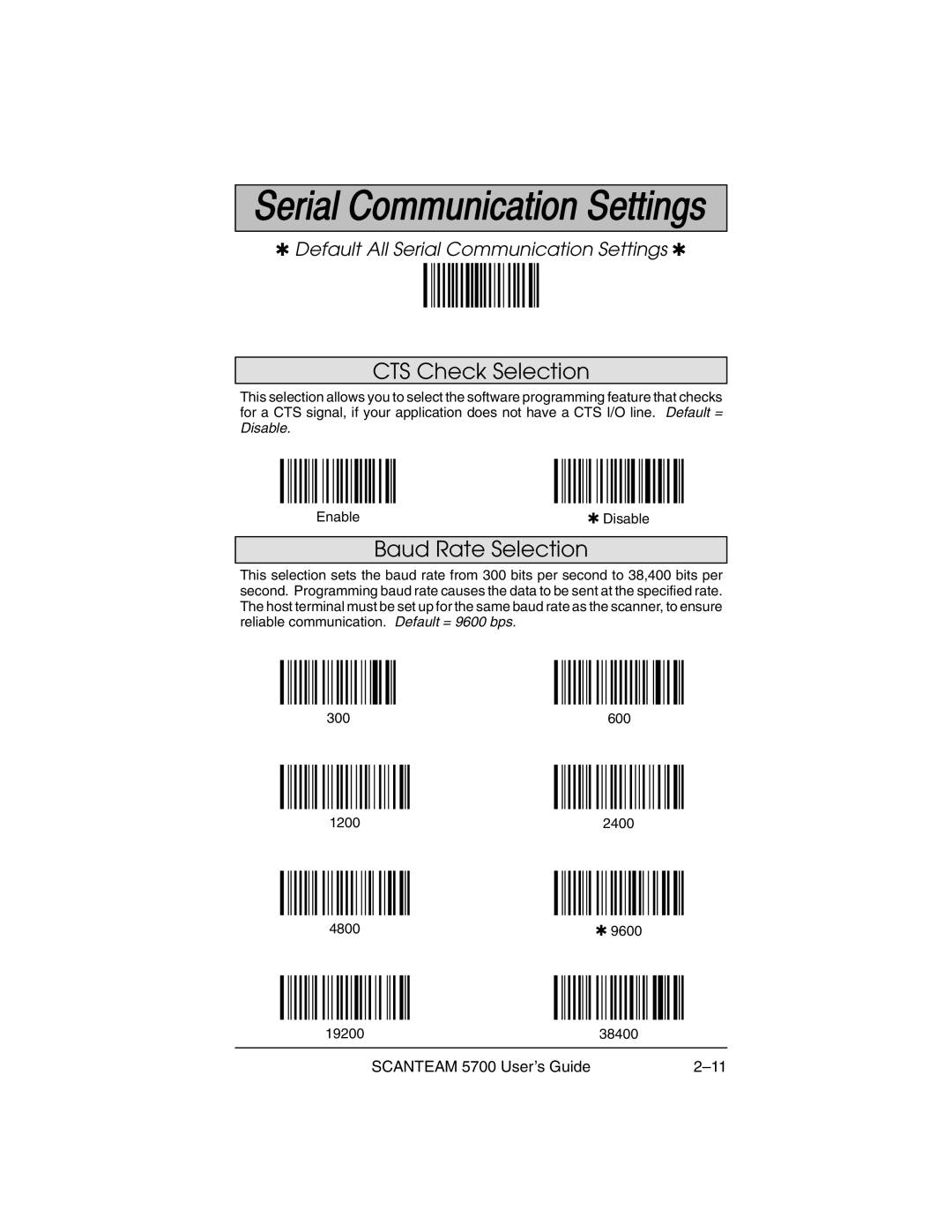 Hand Held Products 5700 manual CTS Check Selection, Baud Rate Selection 