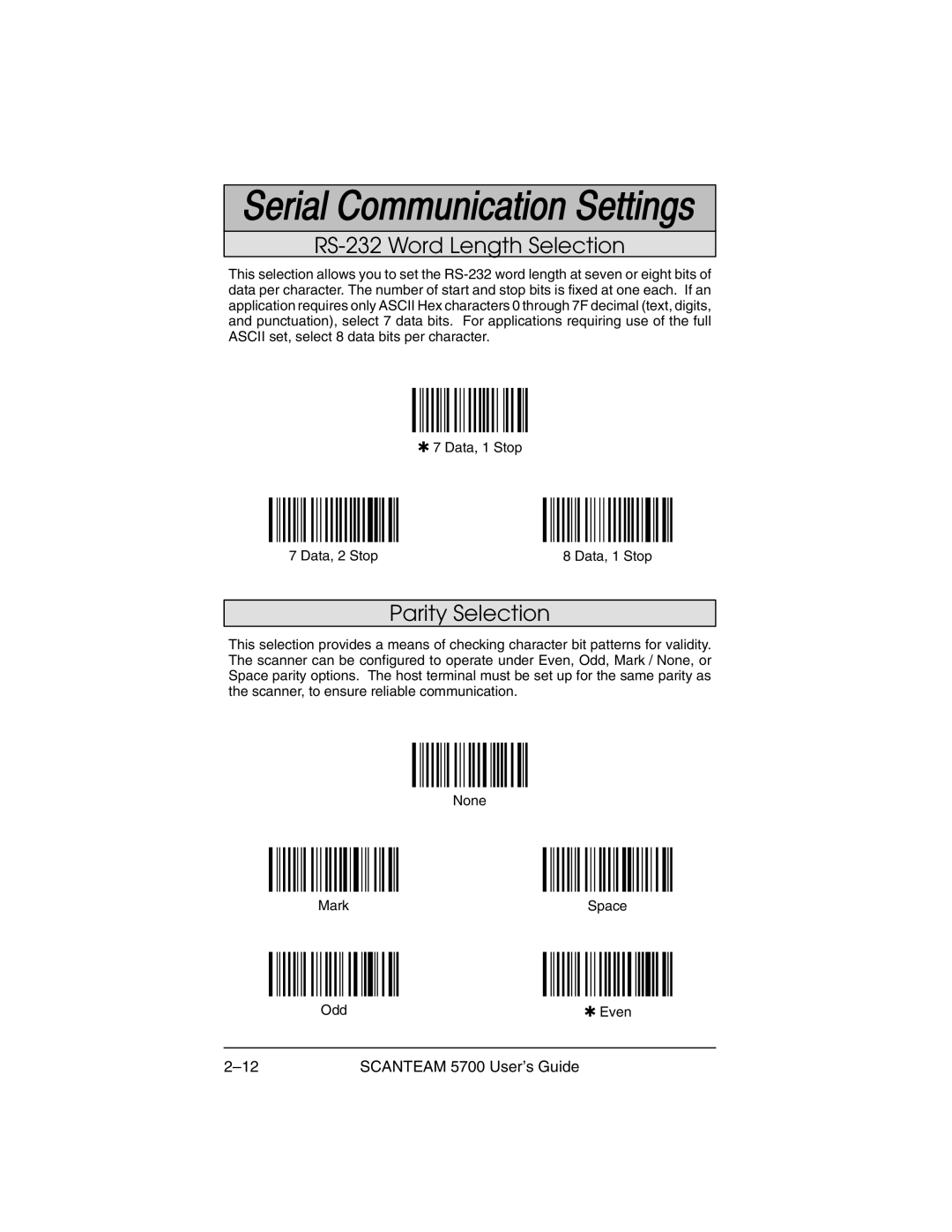 Hand Held Products 5700 manual RS-232 Word Length Selection, Parity Selection 