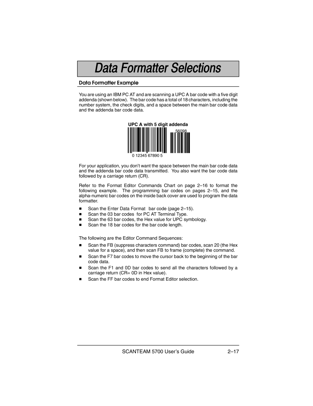 Hand Held Products 5700 manual Data Formatter Example, UPC a with 5 digit addenda 