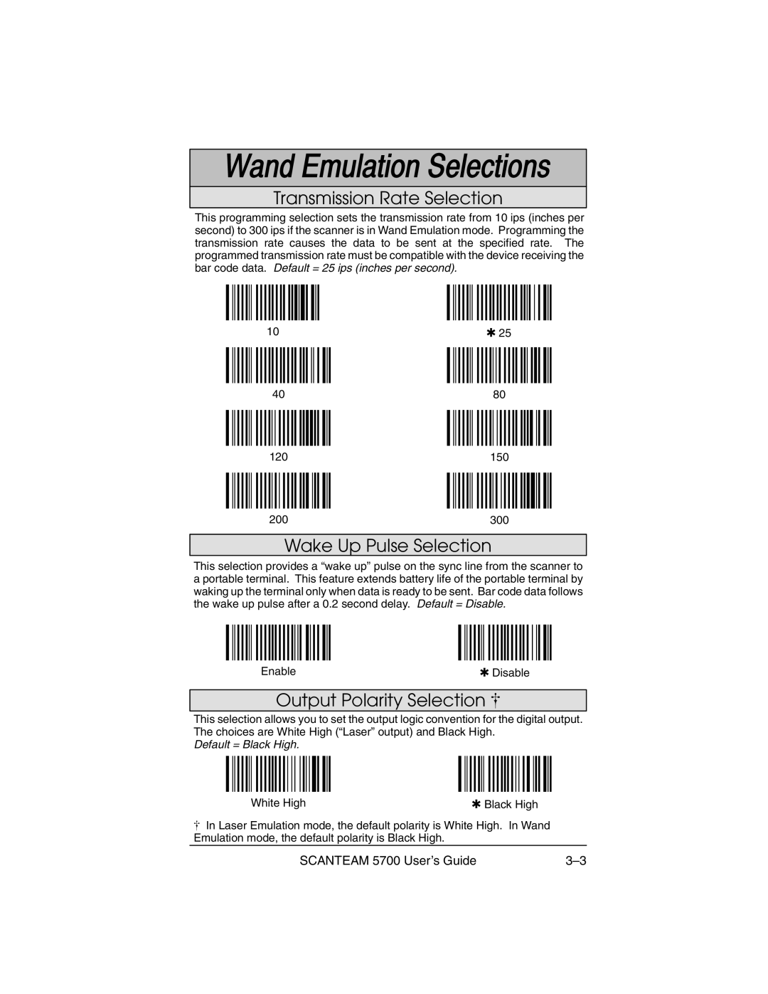 Hand Held Products 5700 manual Transmission Rate Selection, Wake Up Pulse Selection, Output Polarity Selection 