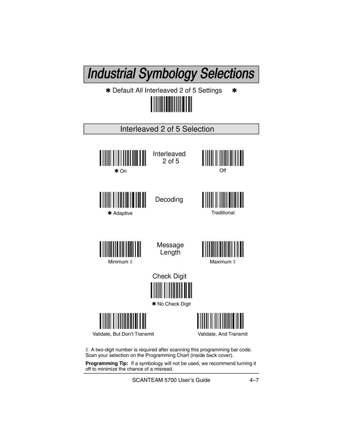 Hand Held Products 5700 manual Interleaved 2 of 5 Selection, Check Digit 