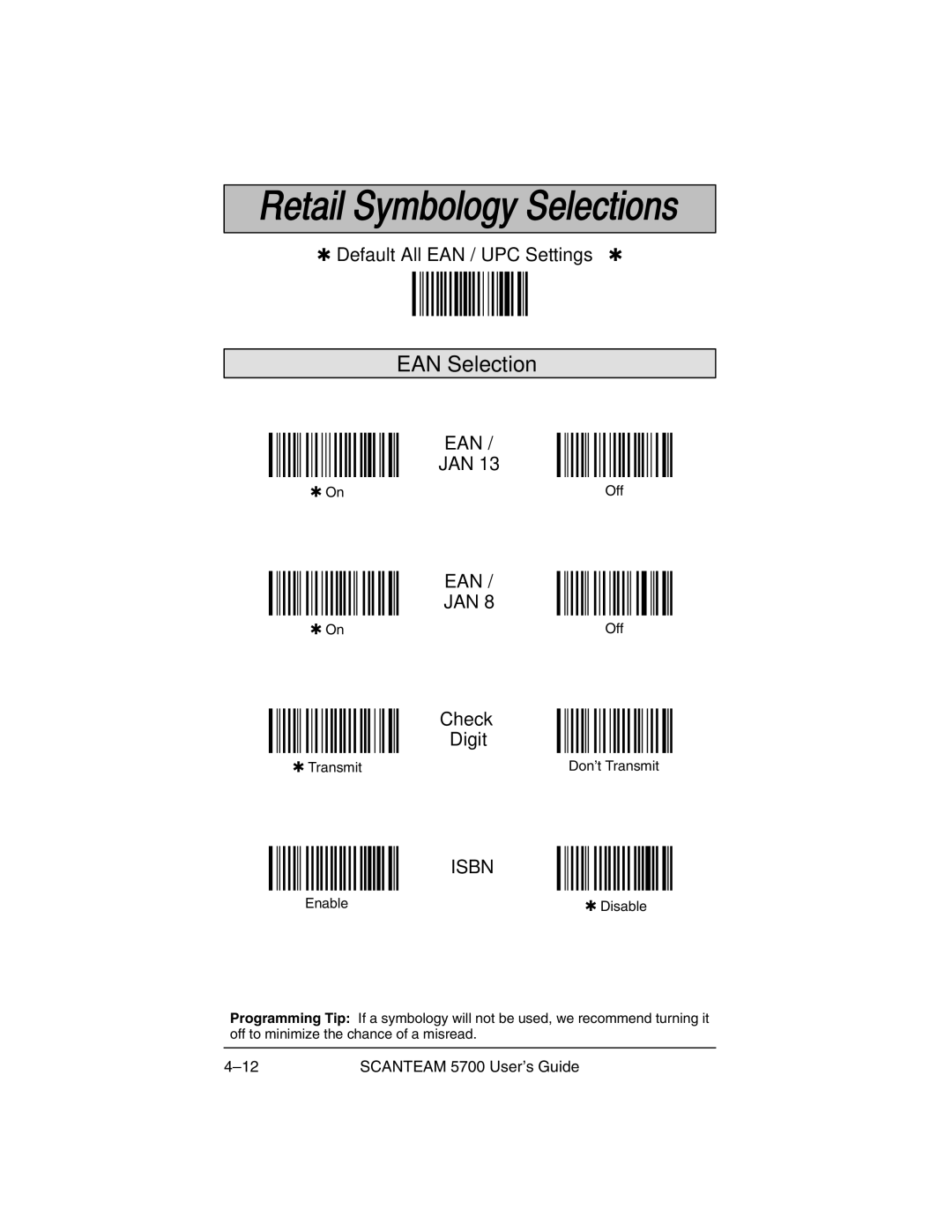 Hand Held Products 5700 manual EAN Selection, Isbn 