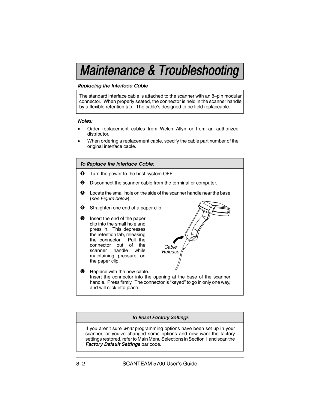 Hand Held Products 5700 manual Replacing the Interface Cable 