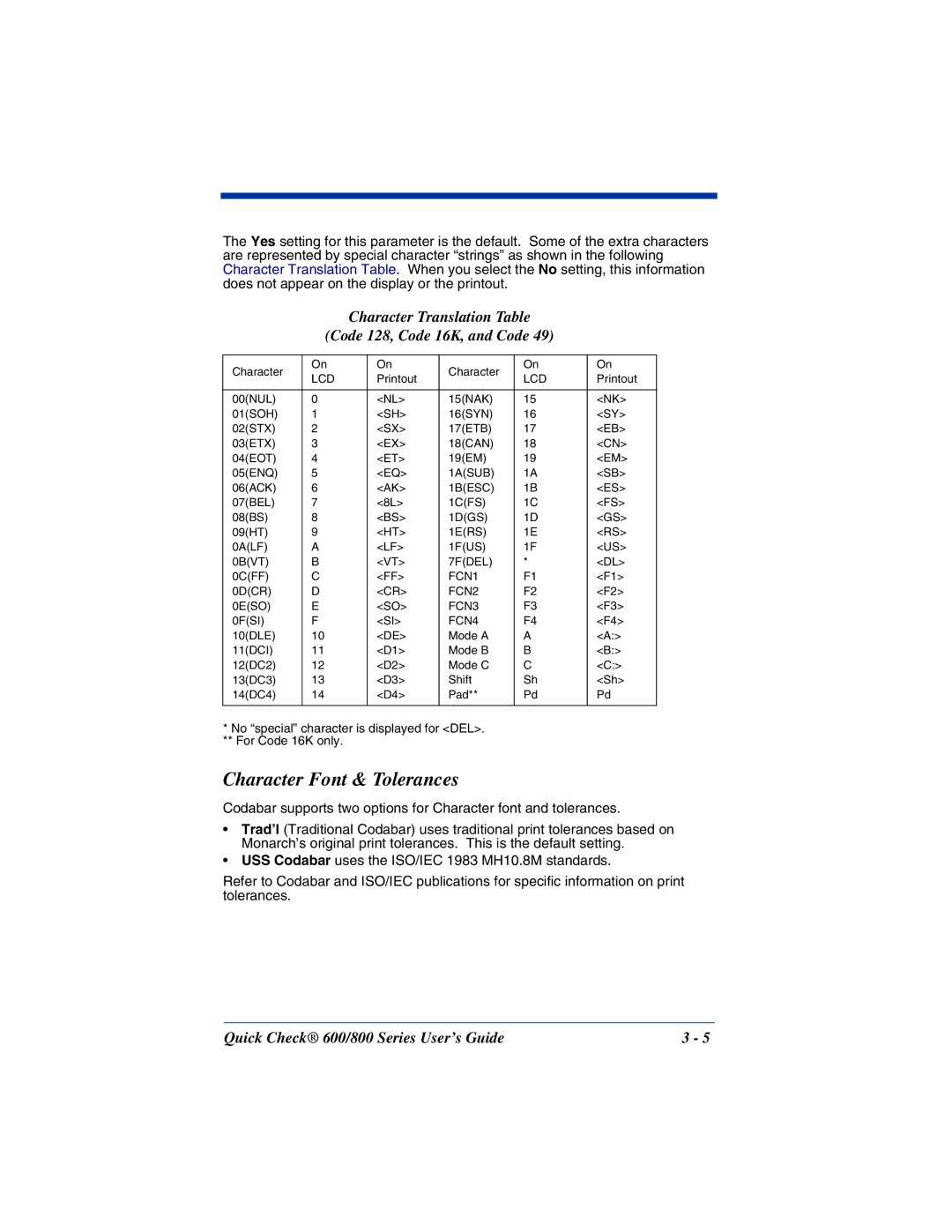 Hand Held Products 800, 600 manual Character Font & Tolerances, Character Translation Table Code 128, Code 16K, and Code 