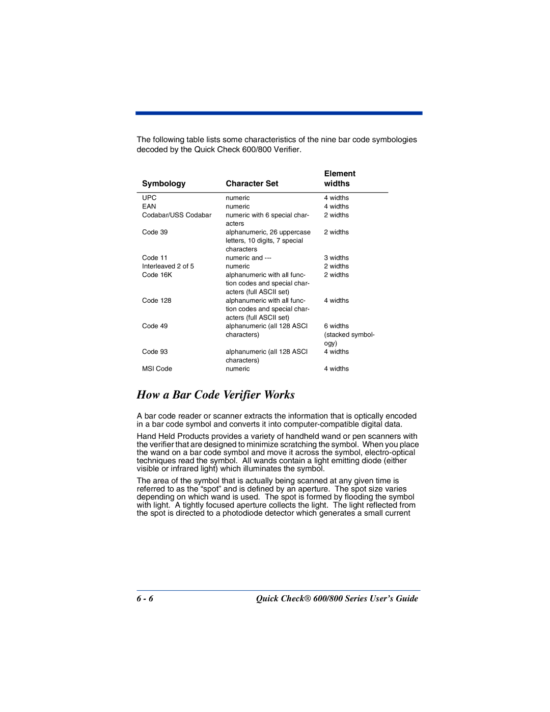 Hand Held Products 600, 800 manual How a Bar Code Verifier Works, Element, Symbology Character Set Widths 