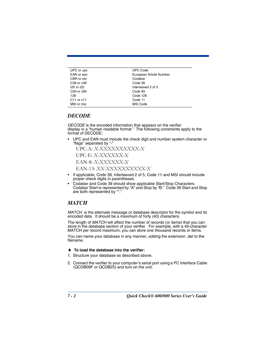 Hand Held Products 600, 800 manual Decode, To load the database into the verifier 