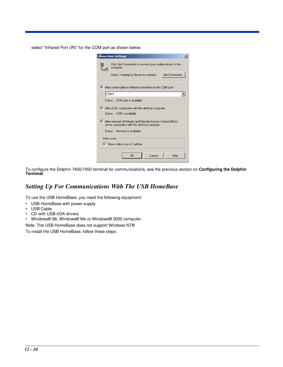 Hand Held Products 7400, 7450 manual Setting Up For Communications With The USB HomeBase 