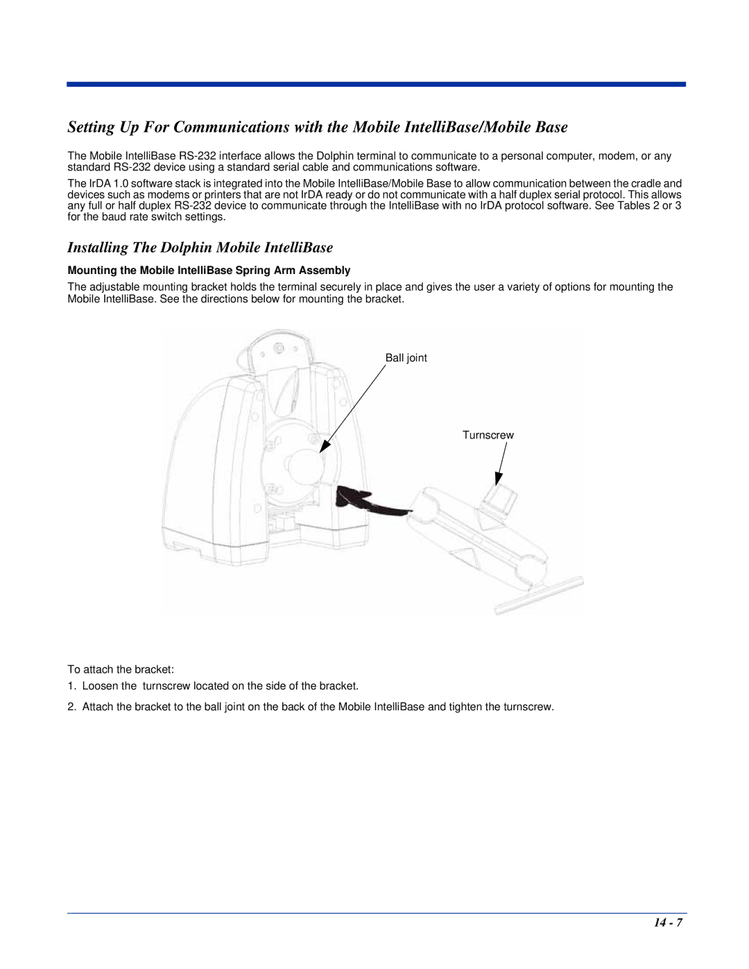 Hand Held Products 7450 Installing The Dolphin Mobile IntelliBase, Mounting the Mobile IntelliBase Spring Arm Assembly 