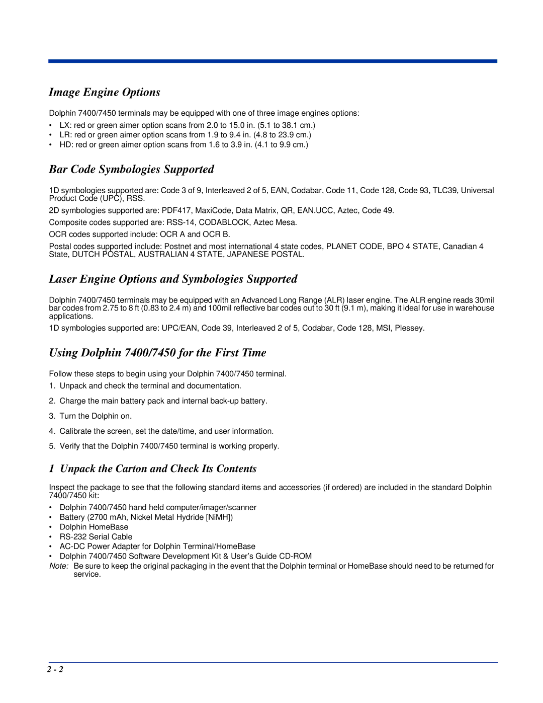 Hand Held Products Image Engine Options, Bar Code Symbologies Supported, Using Dolphin 7400/7450 for the First Time 