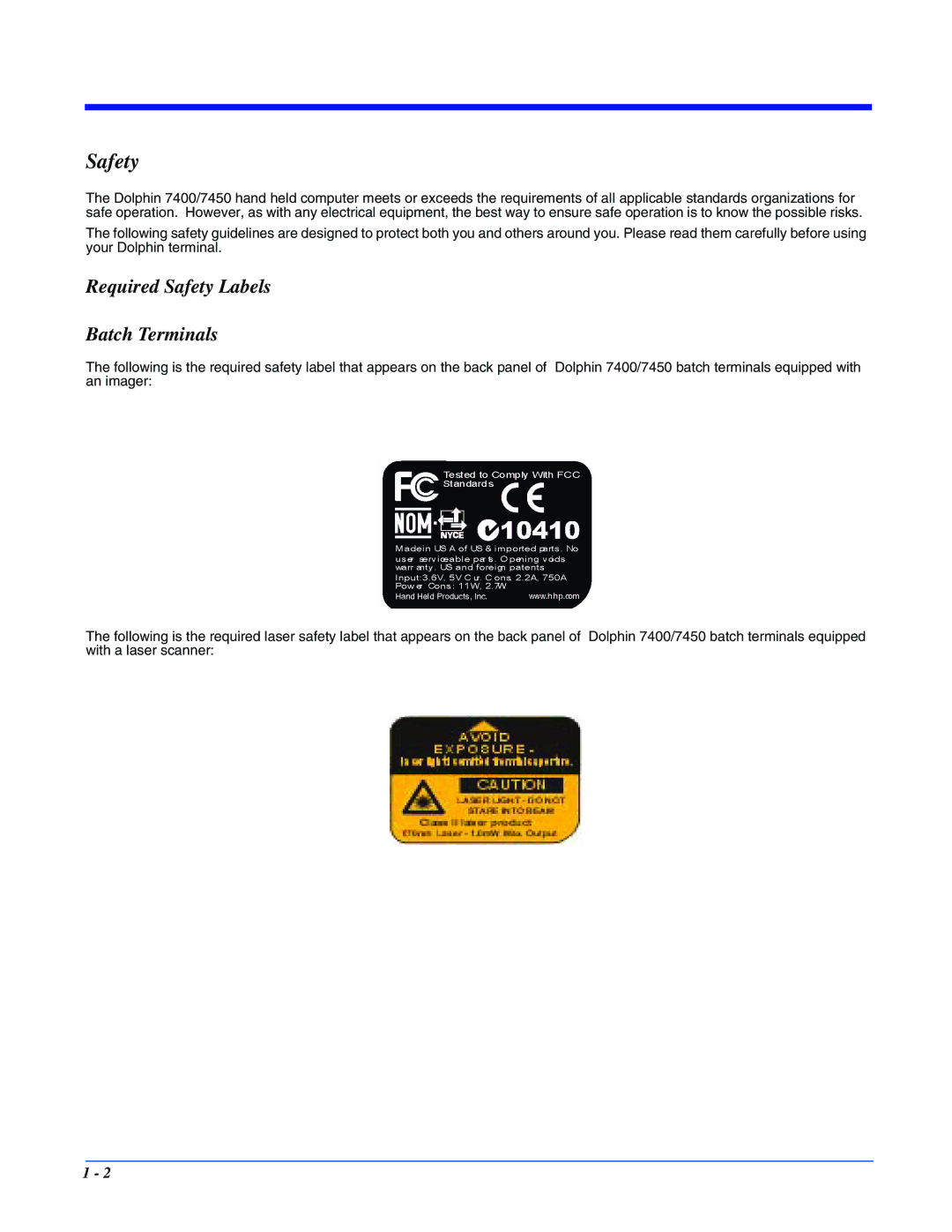 Hand Held Products 7400/7450 manual Required Safety Labels Batch Terminals 