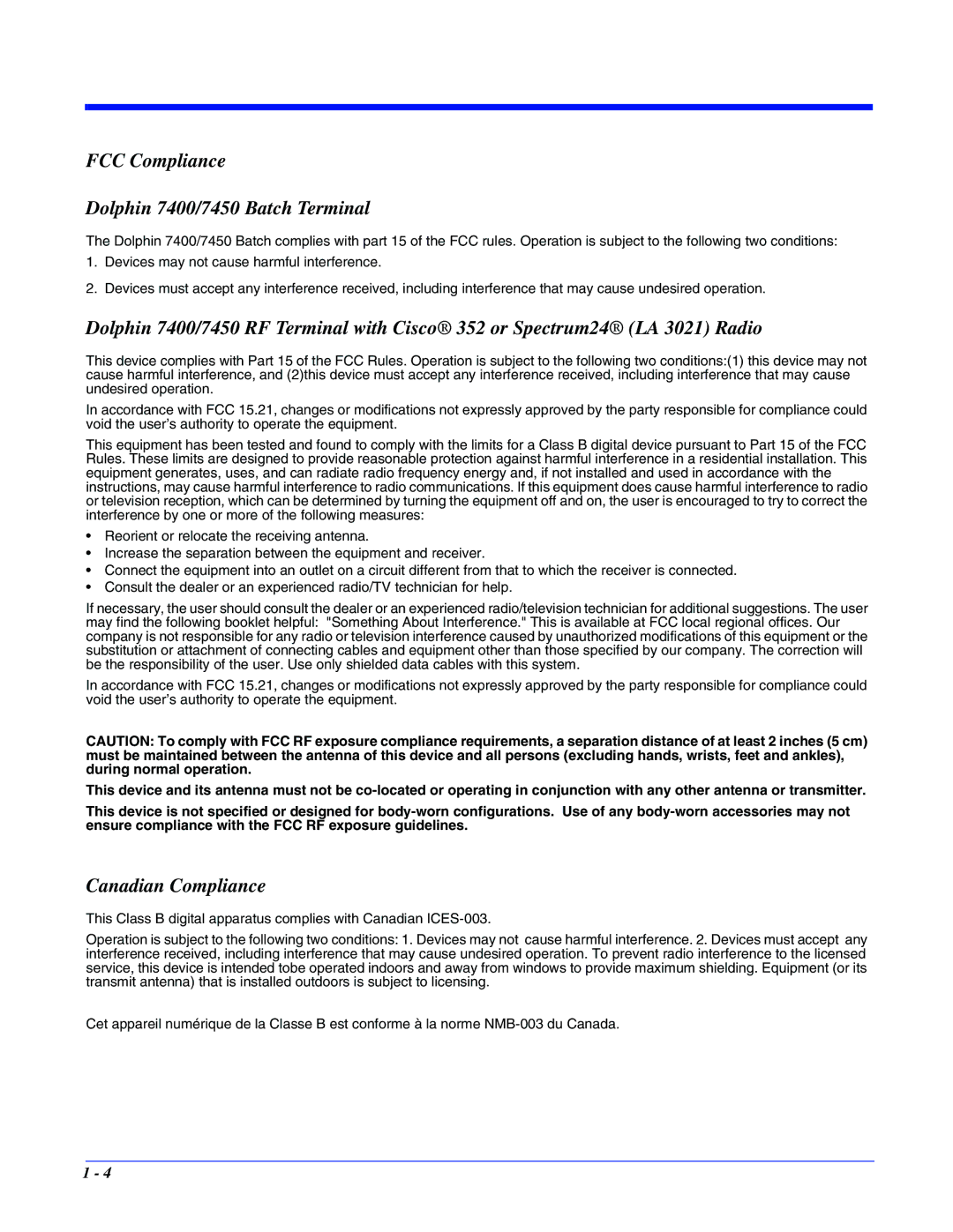 Hand Held Products manual FCC Compliance Dolphin 7400/7450 Batch Terminal, Canadian Compliance 