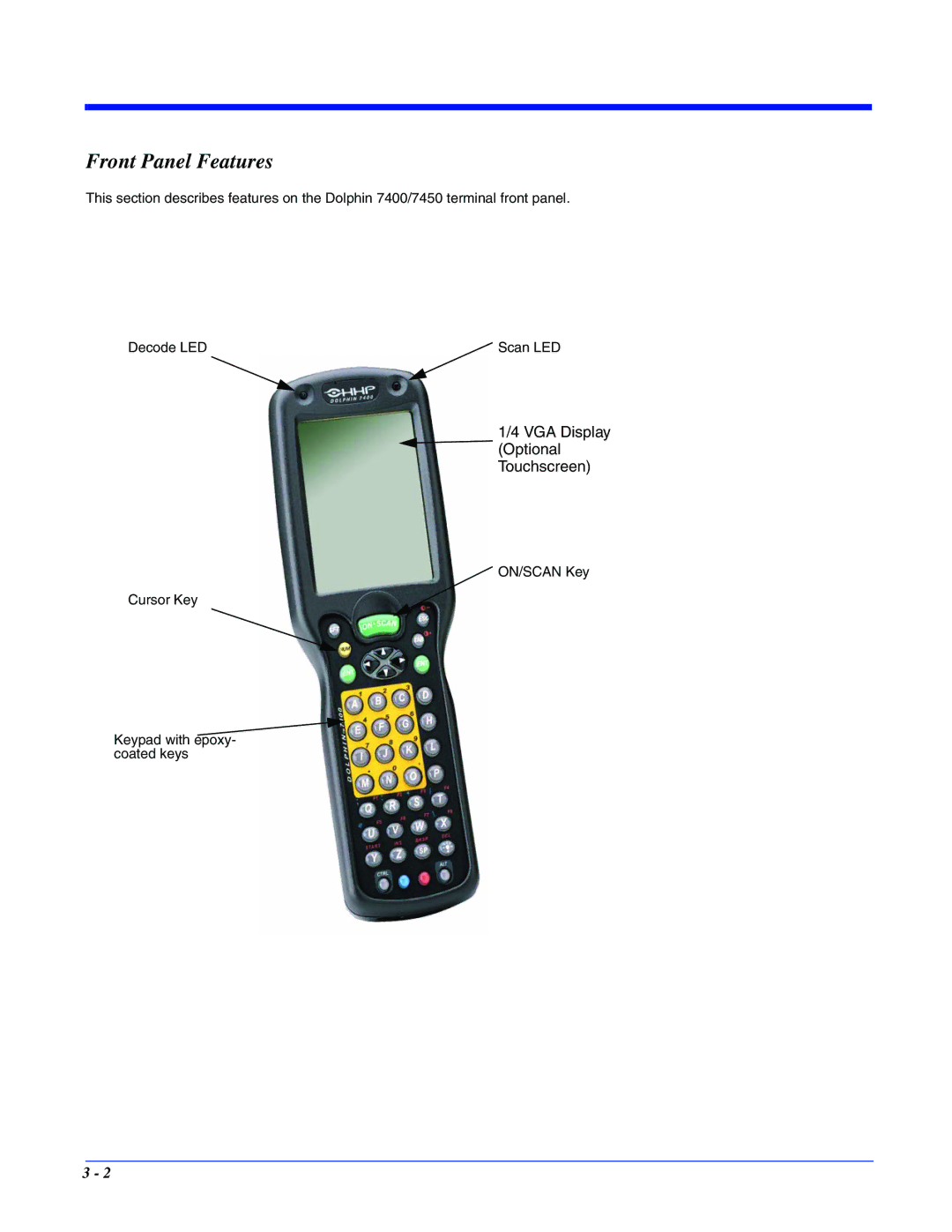 Hand Held Products 7400/7450 manual Front Panel Features 