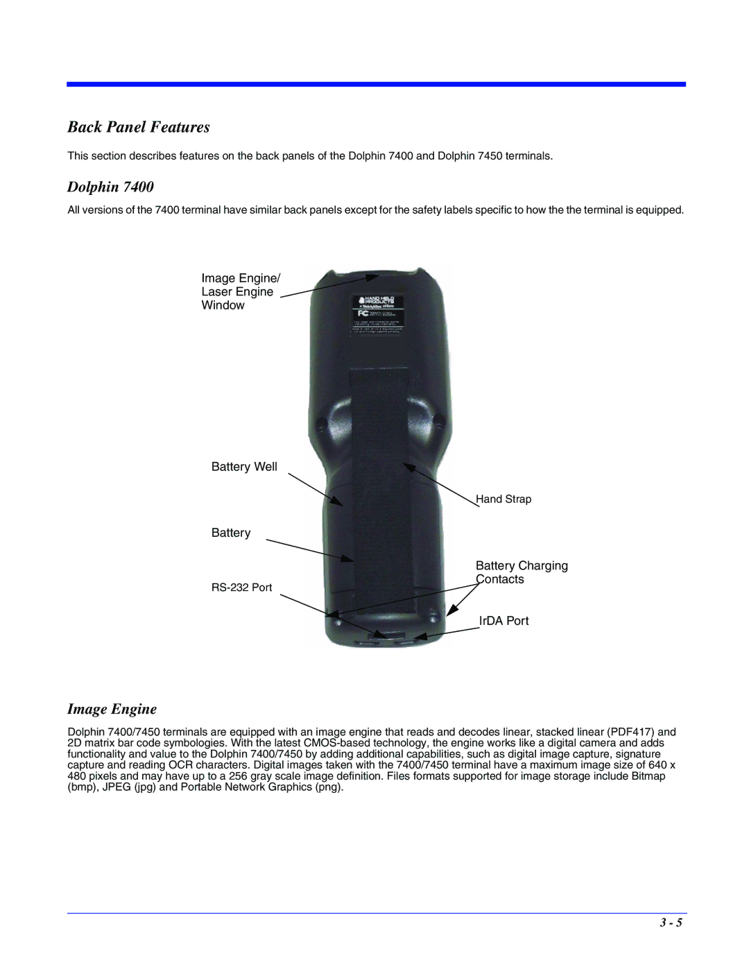 Hand Held Products 7400/7450 manual Back Panel Features, Dolphin, Image Engine 