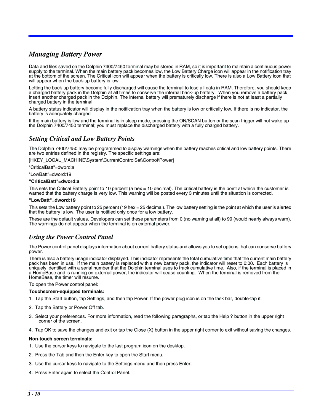 Hand Held Products 7400/7450 manual Managing Battery Power, Setting Critical and Low Battery Points 