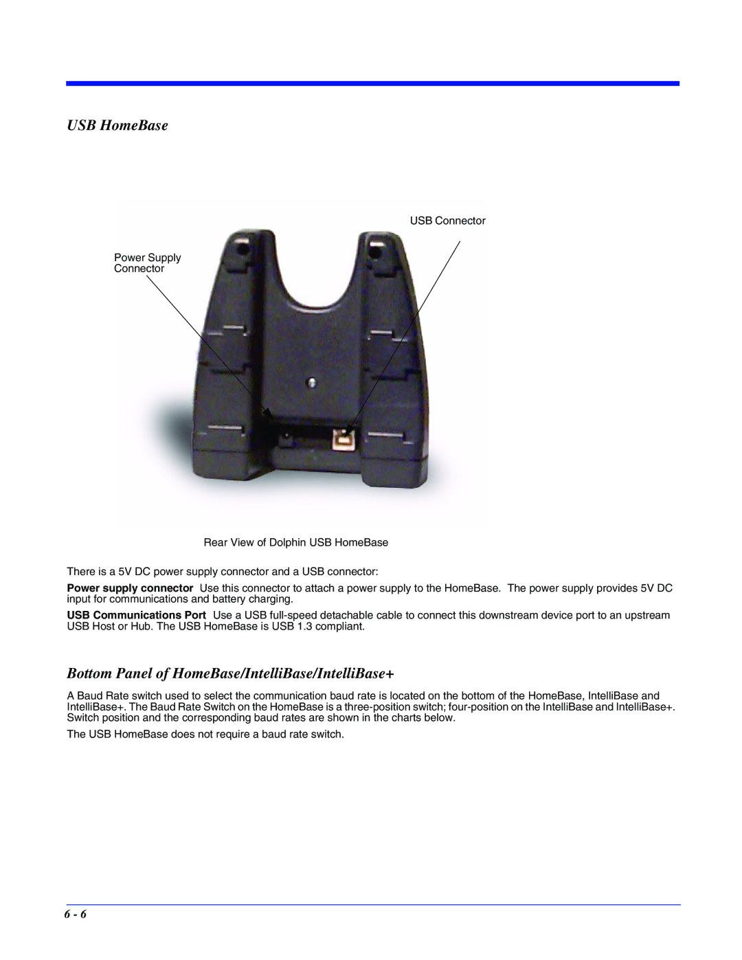 Hand Held Products 7400/7450 manual USB HomeBase, Bottom Panel of HomeBase/IntelliBase/IntelliBase+ 