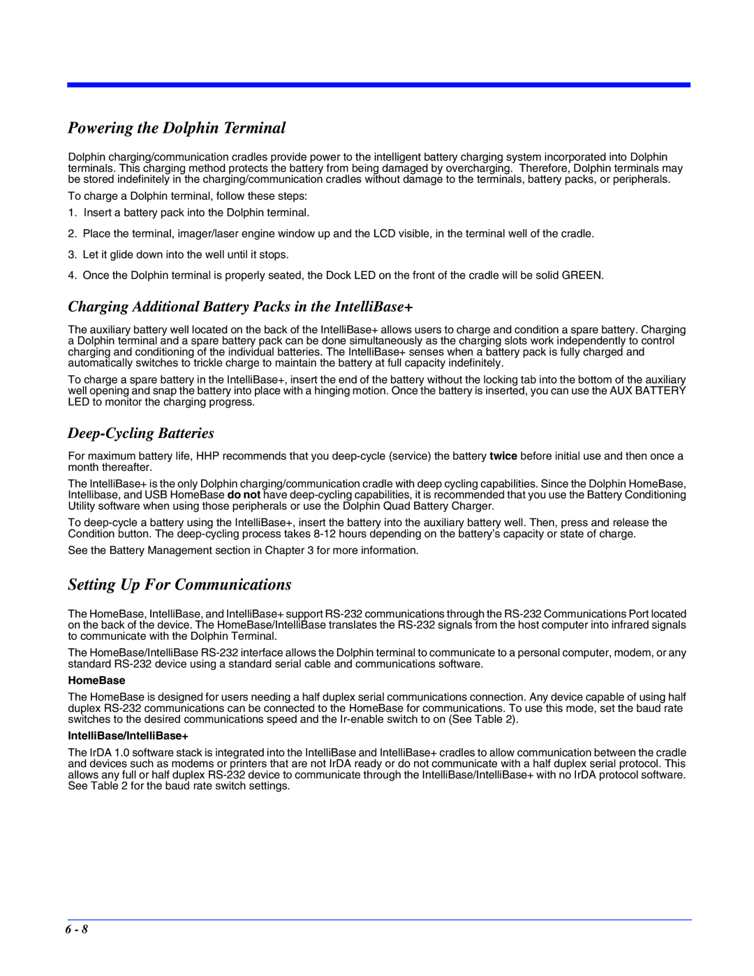 Hand Held Products 7400/7450 manual Powering the Dolphin Terminal, Setting Up For Communications, Deep-Cycling Batteries 