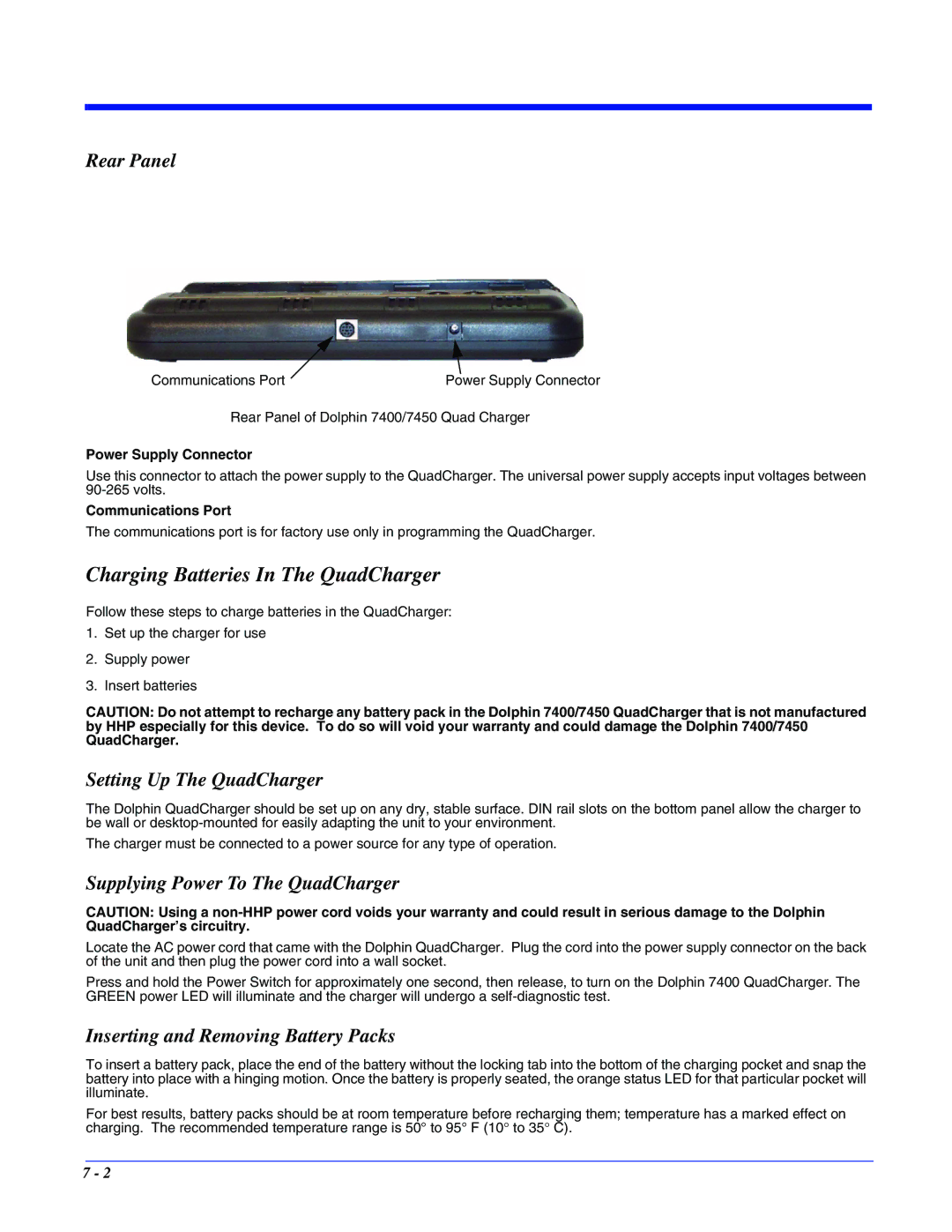 Hand Held Products 7400/7450 manual Charging Batteries In The QuadCharger, Rear Panel, Setting Up The QuadCharger 