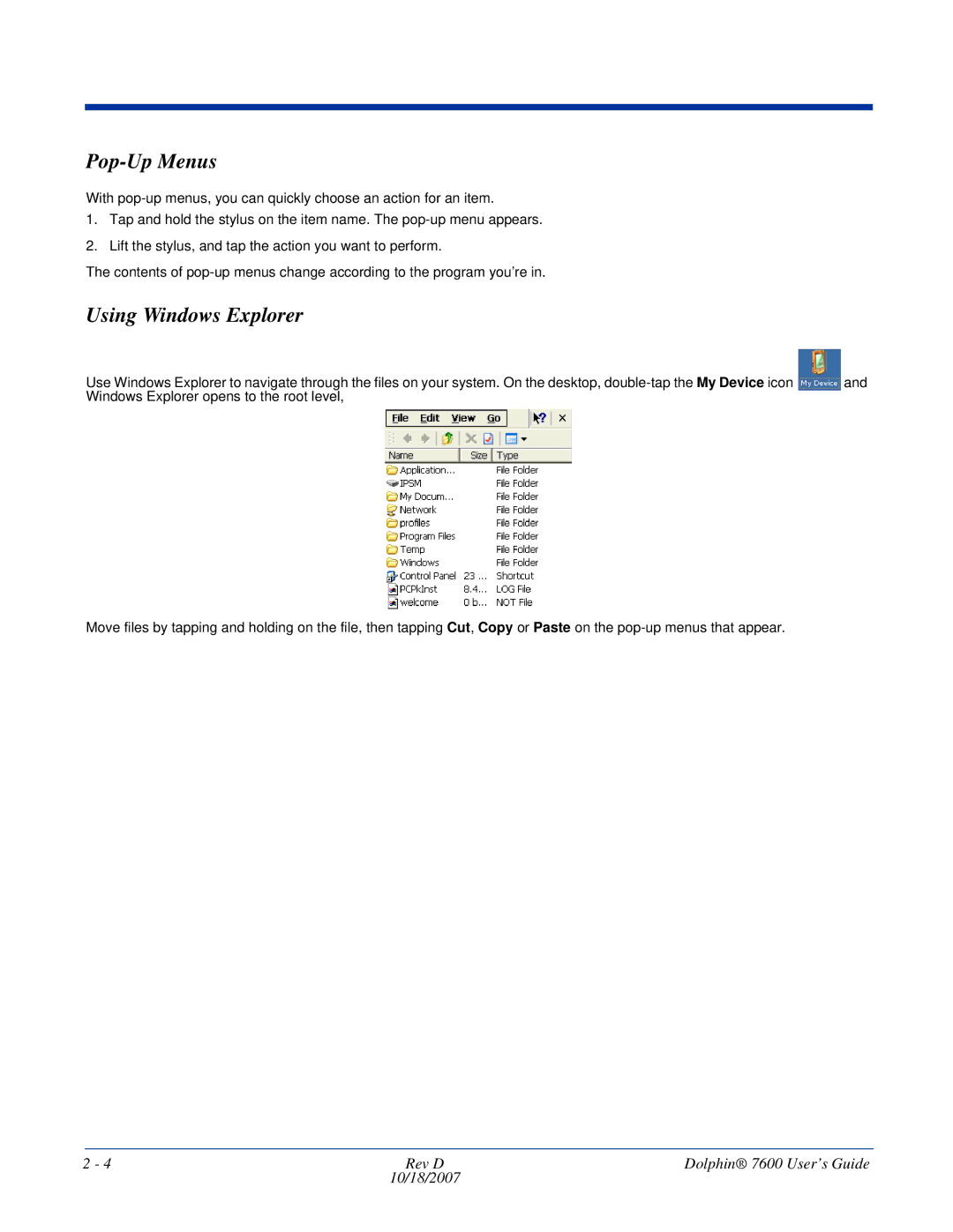 Hand Held Products 7600 manual Pop-Up Menus, Using Windows Explorer 