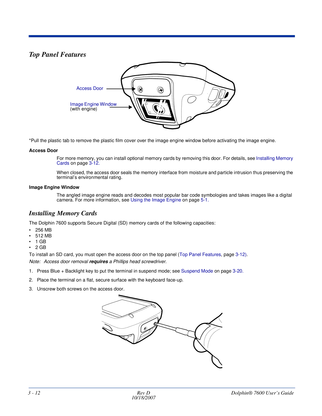 Hand Held Products 7600 manual Top Panel Features, Installing Memory Cards, Access Door, Image Engine Window 
