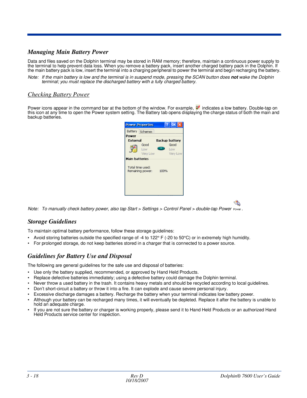 Hand Held Products 7600 manual Managing Main Battery Power, Storage Guidelines, Guidelines for Battery Use and Disposal 