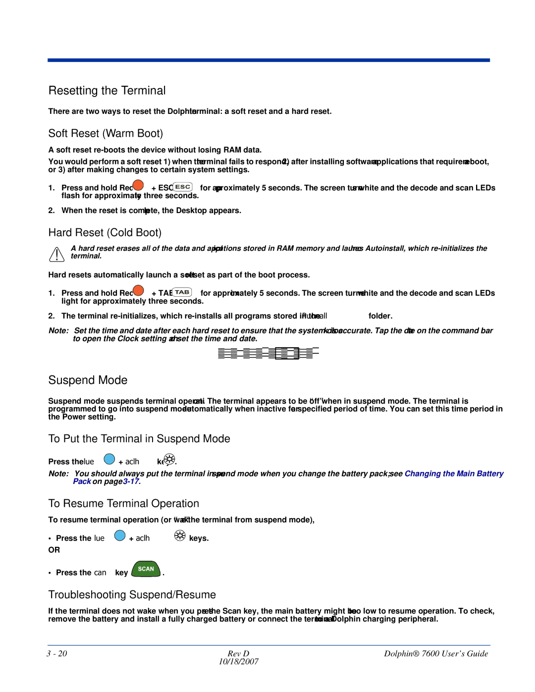 Hand Held Products 7600 manual Resetting the Terminal, Suspend Mode 