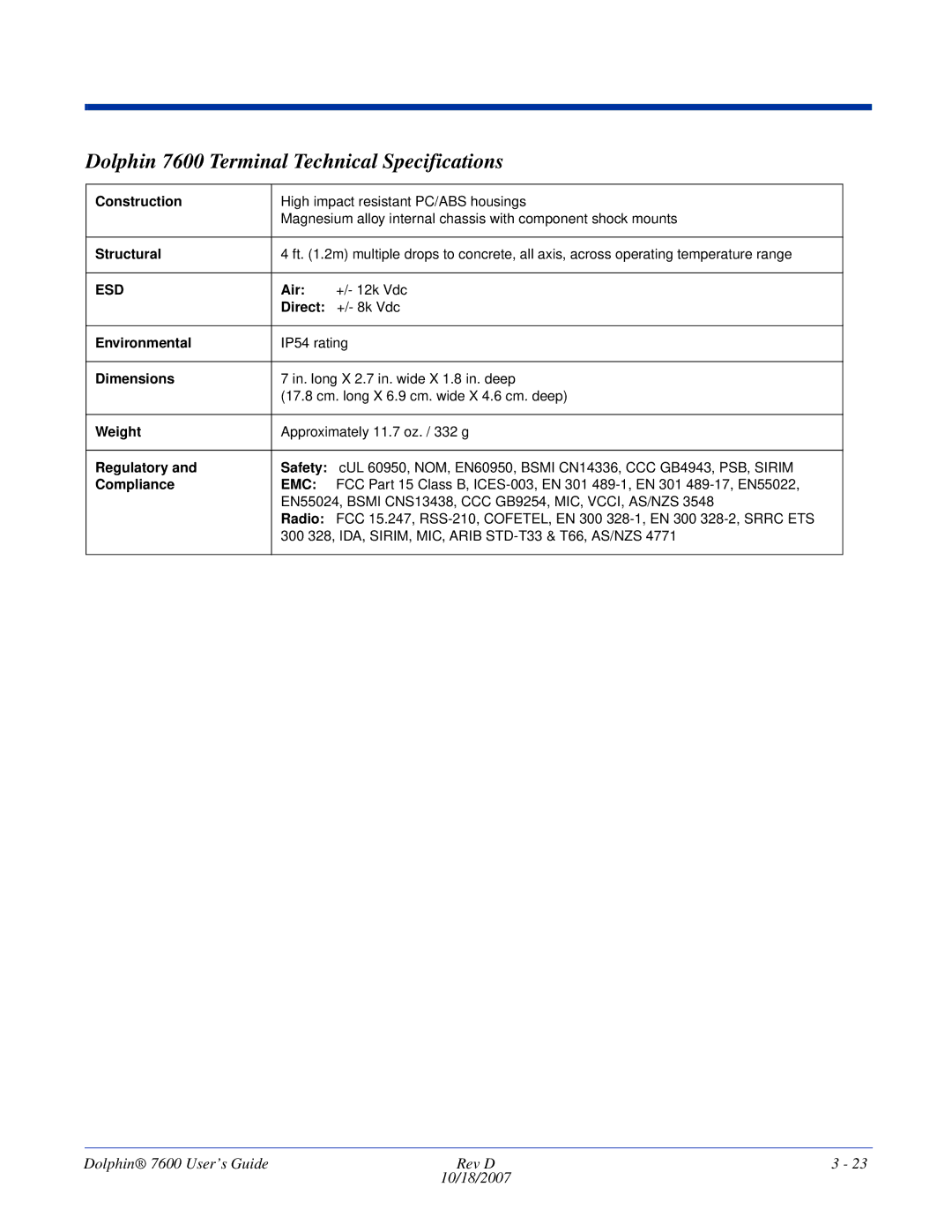 Hand Held Products 7600 Construction, Structural, Air, Direct, Environmental, Dimensions, Weight, Regulatory, Compliance 