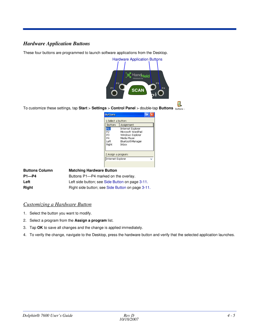 Hand Held Products 7600 manual Hardware Application Buttons, Buttons Column Matching Hardware Button P1-P4, Left, Right 