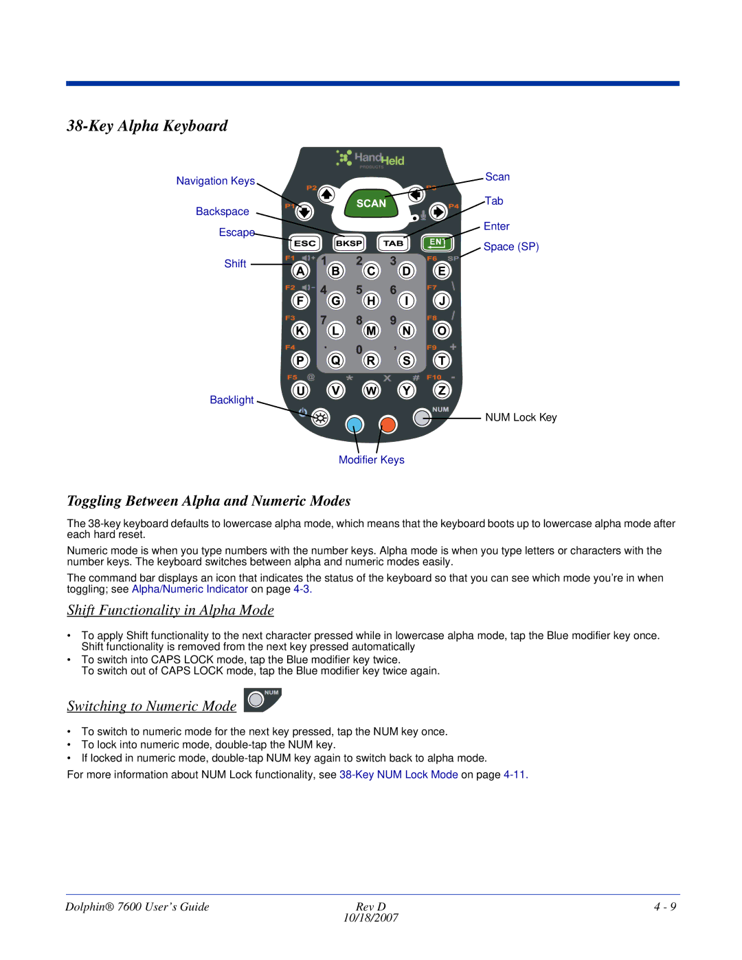 Hand Held Products 7600 manual Key Alpha Keyboard, Shift Functionality in Alpha Mode 