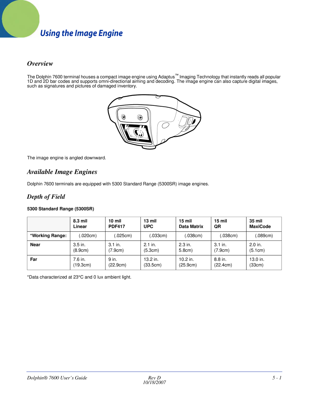 Hand Held Products 7600 manual Available Image Engines, Depth of Field, Data Matrix MaxiCode Working Range, Near, Far 