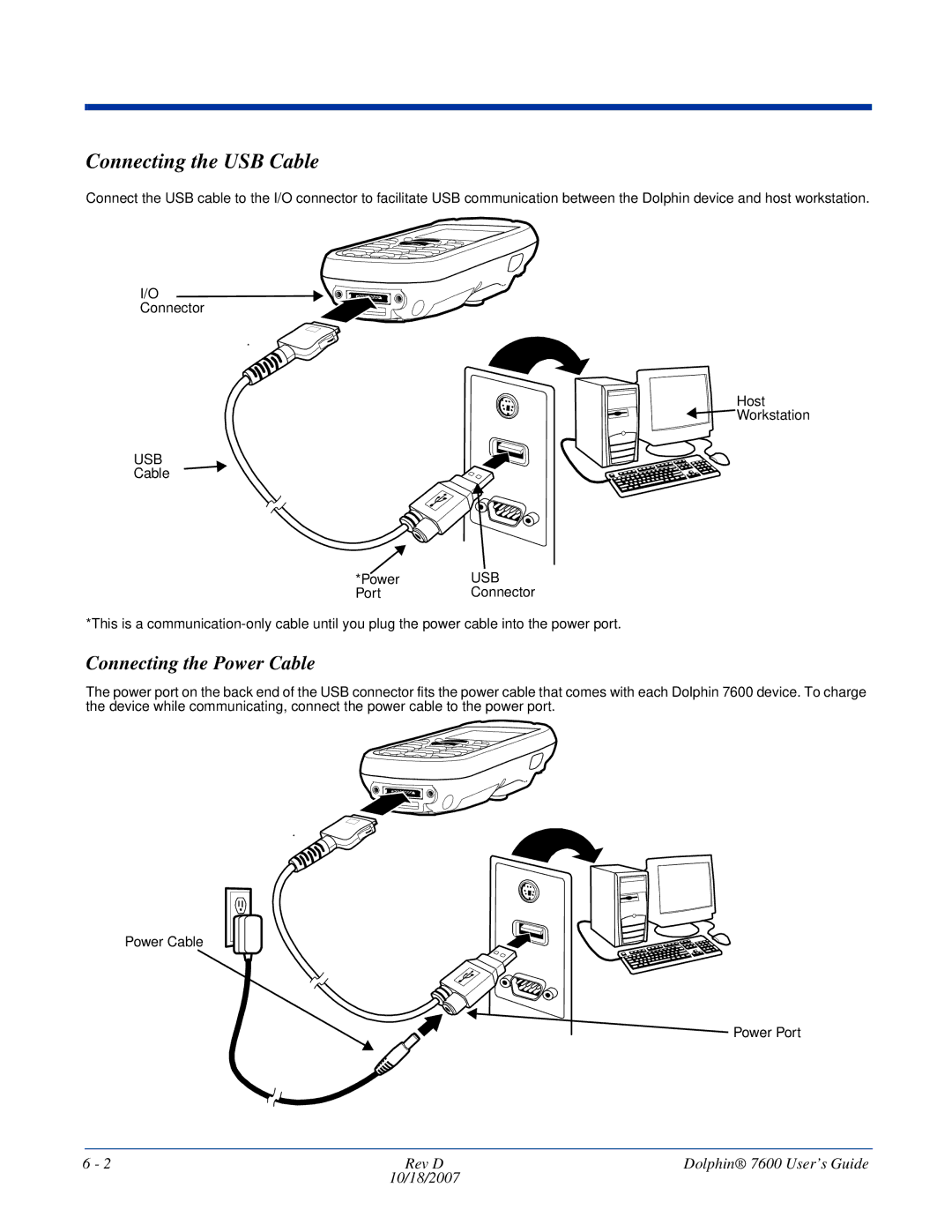 Hand Held Products 7600 manual Connecting the USB Cable, Connecting the Power Cable 