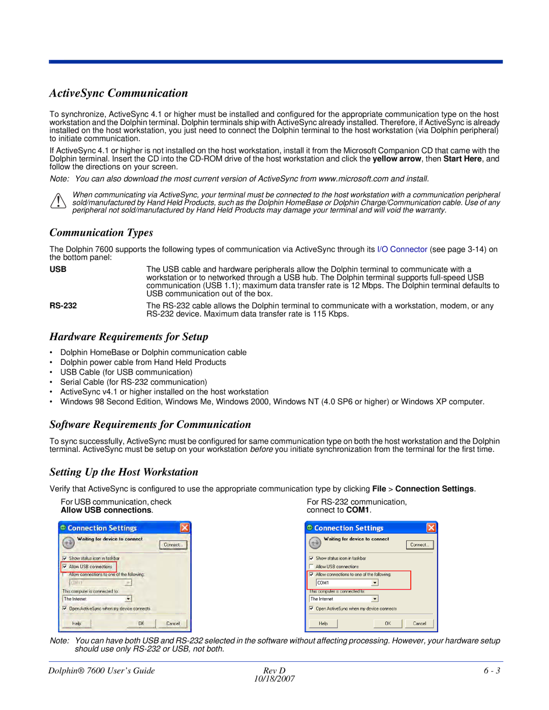 Hand Held Products 7600 manual ActiveSync Communication, Communication Types, Hardware Requirements for Setup 